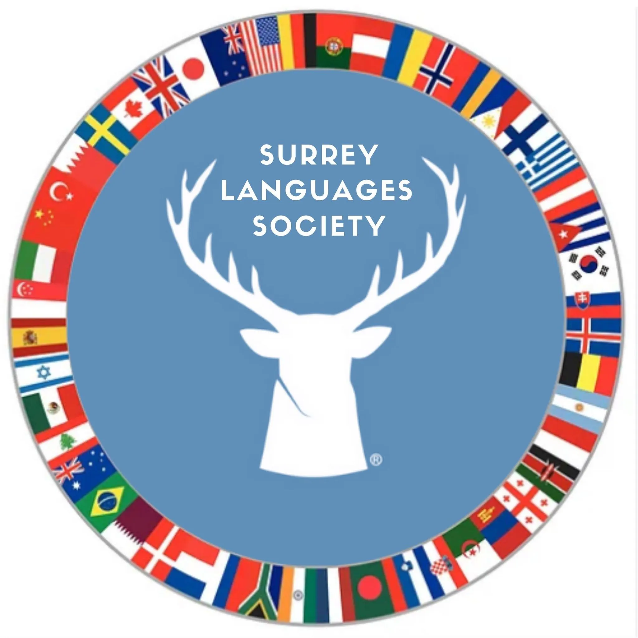 Surrey Languages Society crest, surrounded by flags